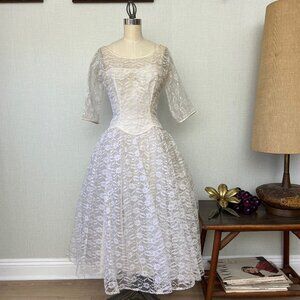 EUC Vintage 1950s 1960s Floral Lace Lorrie Deb Wedding Tea Dress XS